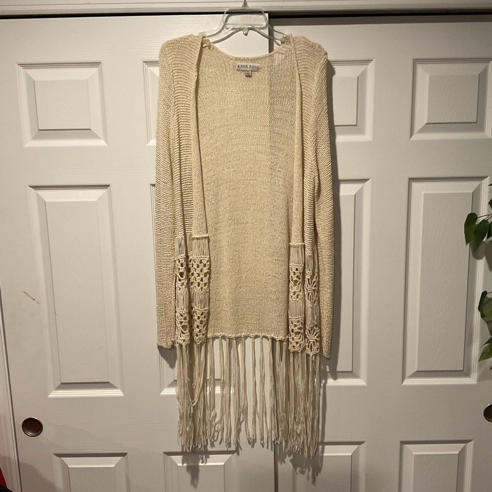 Knox Rose Crocheted Ivory Stretchy Knit Long Cardi Duster Sweater Jacket sz XL